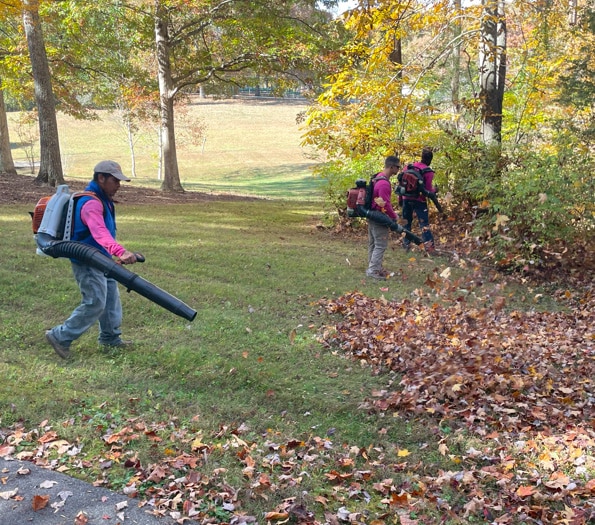 Dempster Brothers Lawn Care & Landscaping team members in Knoxville, TN are completing leaf blowing services.